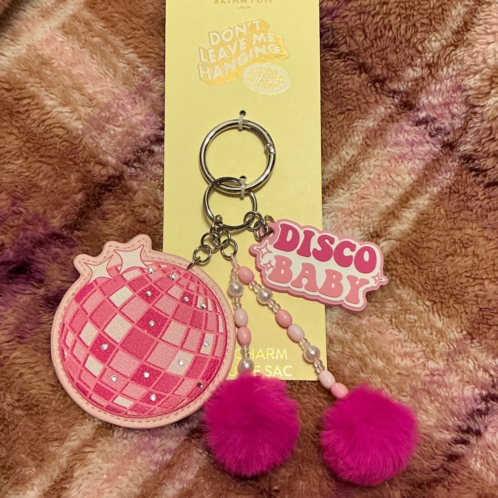 Keychain Retro DISCO BABY Pink Pom Pom Bag Charm.